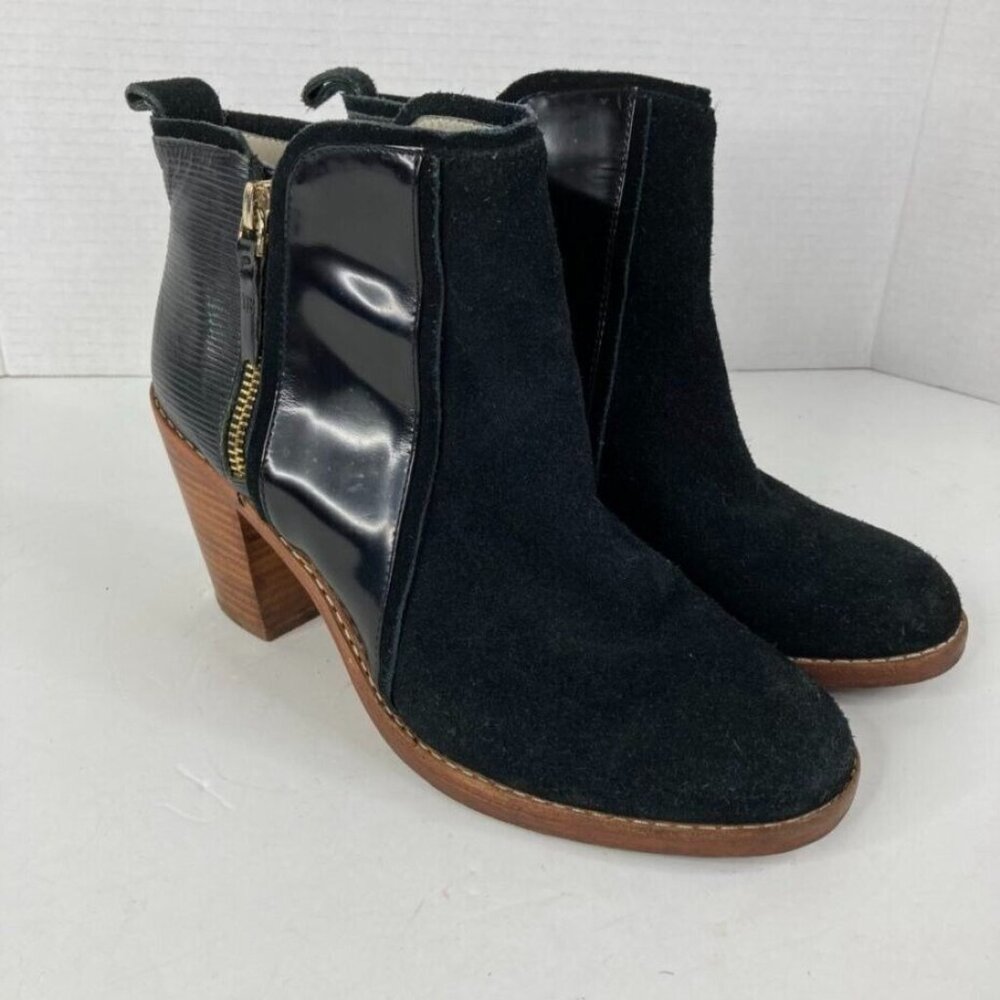 Matt Bernson Womens Ankle Boot Size 8 Gold Zip Black Leather Suede 3" Heel